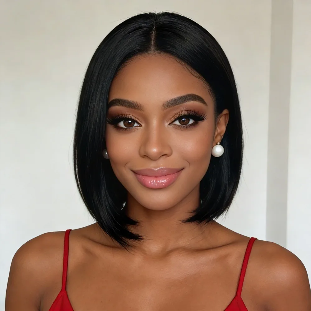 Wig Female Black Short Straight Hair Middle Split Bobo High Temperature Silk and Synthetic Fiber Hair Button Net Cover