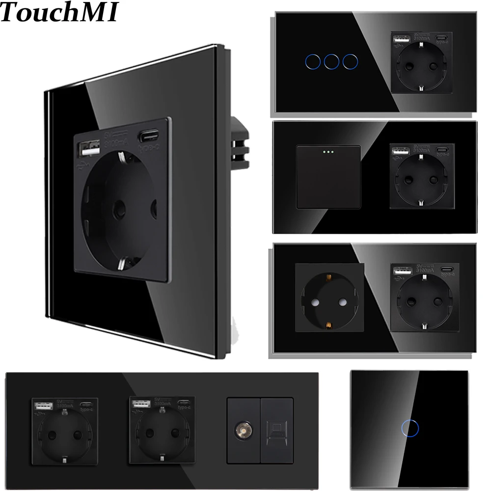 Touchmi EU Standard Wall Socket with USB Type-c TV Network CAT6 Interfaces Glass Light Switch USB Sockets Electric Outlets 16A