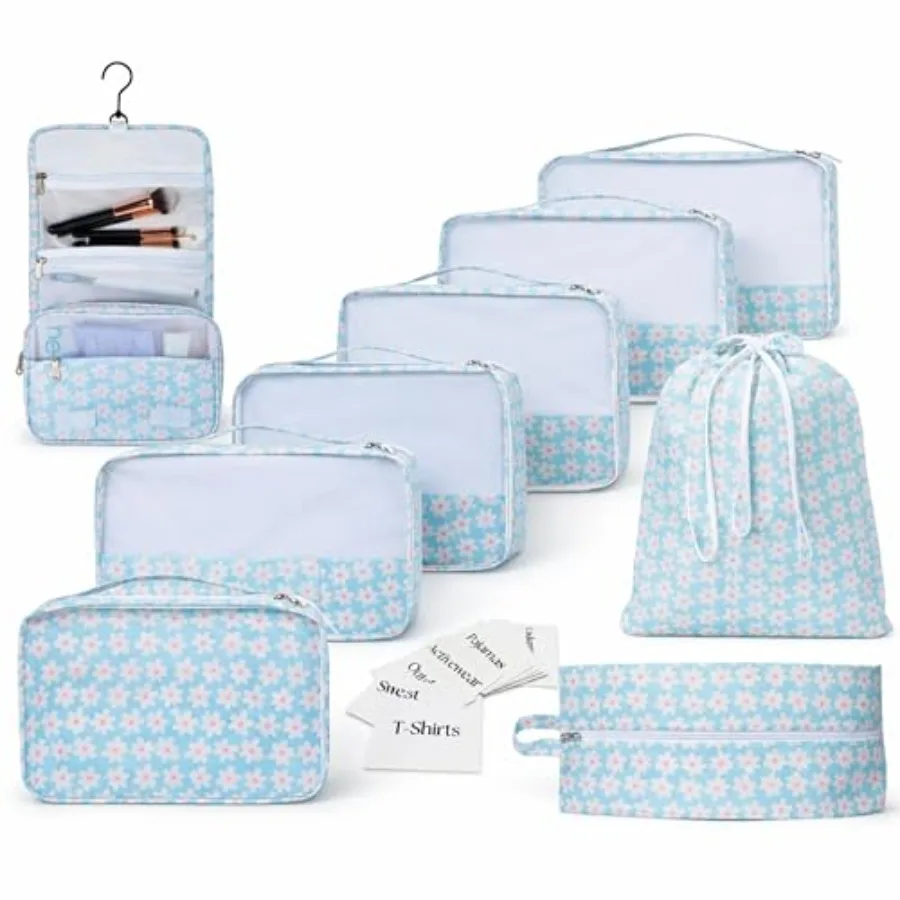 

Набор упаковочных кубиков с милым цветочным принтом, органайзер для путешествий, нейтральный эстетичный дизайн, синий цветочный узор, идеально подходит для путешествий и для всей семьи.