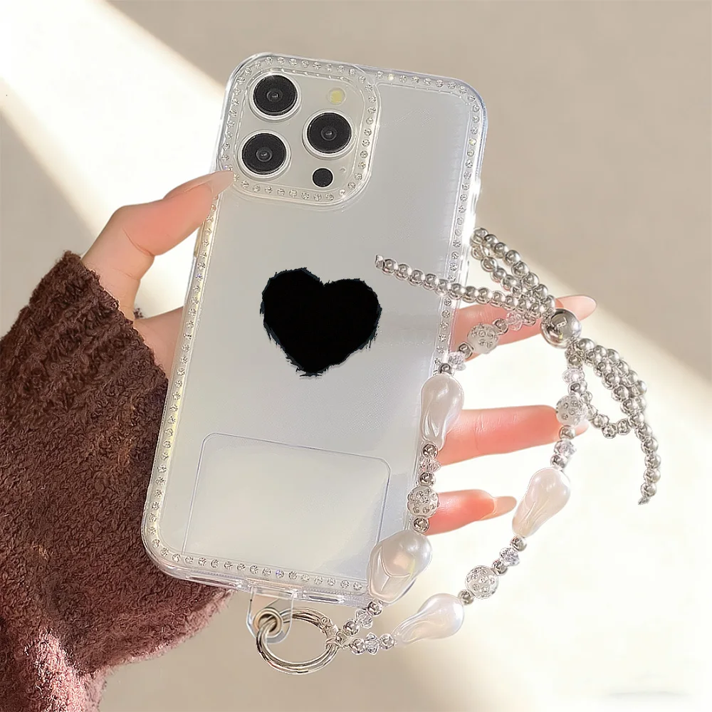 Diamant Lanyard Telefon Fall Für iPhone 17 16 Pro Max 11 13 15 14 12 Air 17 pro max Transparent Stoßfest Liebe Herz Abdeckung Funda