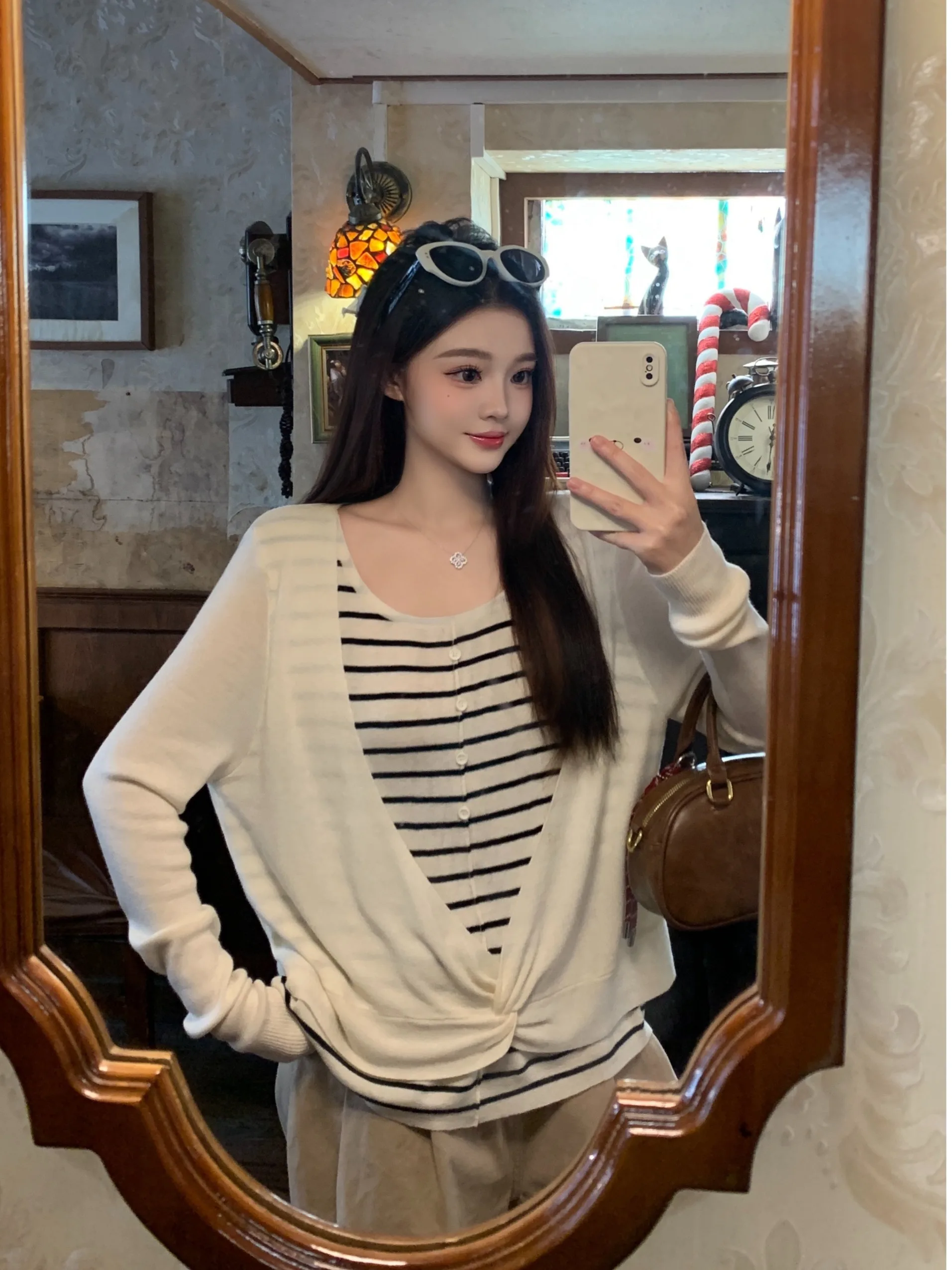 

plus Size Lazy Striped Splice Knitted Sweater Women's Spring Summer New Design Sensation Top Color Block Fake Two-Piece Knitwear