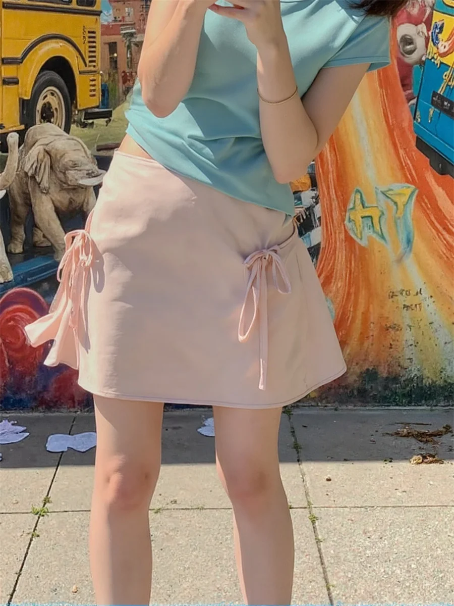 

Smooth Solid Mini Skirts Womens Lace-up Pleated Mesh Patchwork Cake Modern Chic Sweet All-match Feminina Artistic Elegant