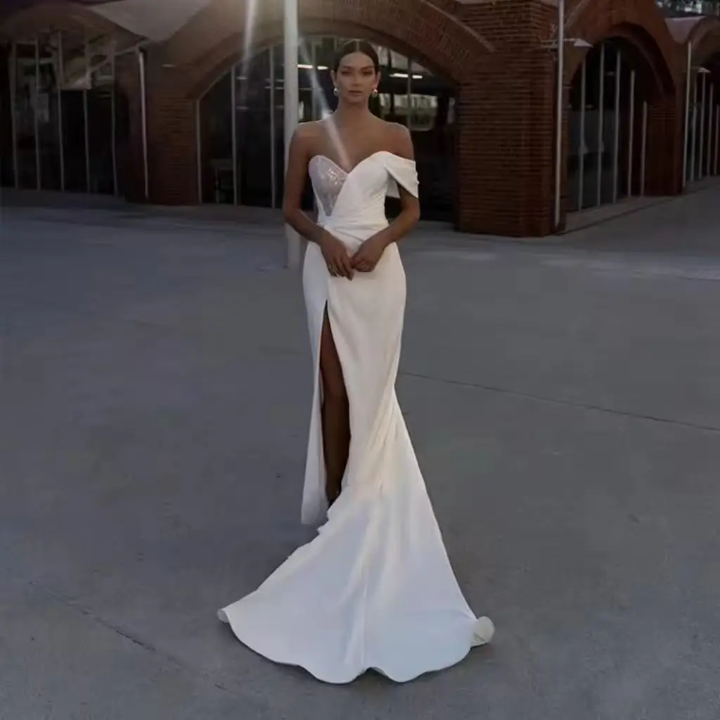 فساتين زفاف ساحرة مخصصة من الساتان زي العرائس ترتر زينة مثيرة بفتحة عالية غمد حورية البحر بدون ظهر فيستدوس دي نوفيا