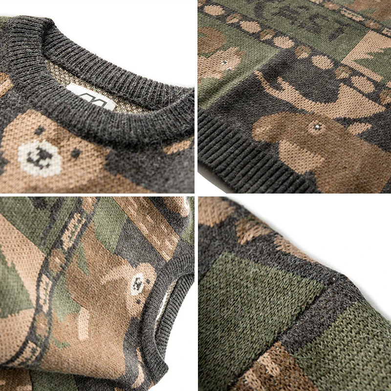 루즈핏 빈티지 O넥 크리스마스 스웨터 남성용 시크 두꺼운 니트 만화 풀오버 가을 겨울 캐주얼 스타일 니트웨어 탑