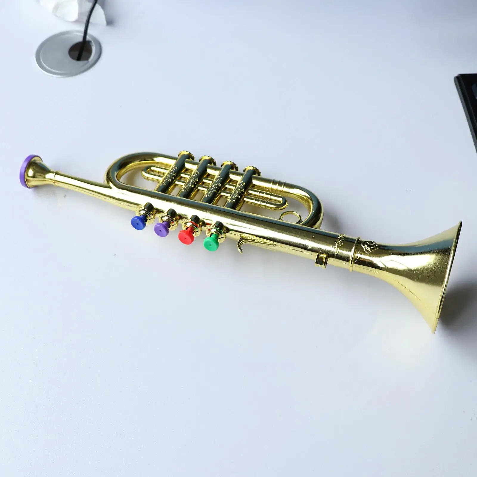 Gold 14-1/2 Inch Trumpet with 4 Colored Keys, Musical Wind Instrument Music Toys for Kids, Learning & Entertainment