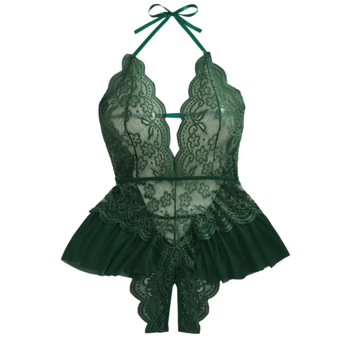 Plus Size Crotchless Lace Teddy For Women, Green Halter Bodysuit Sexy Lingerie, Sheer Mesh Pleated Skirt Sleepwear