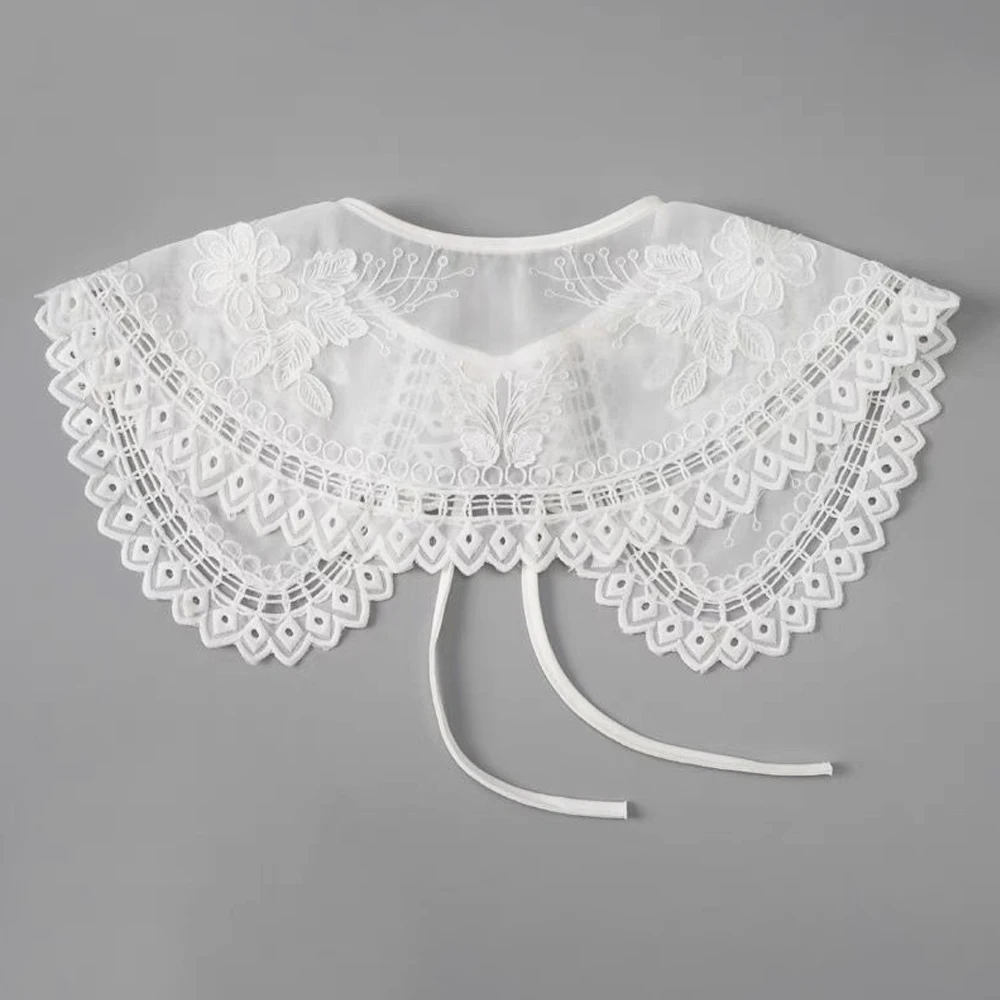 Women Floral Embroidered Chiffon Doll Collar Detachable Half Shirt Collar Sweet Female Blouses Bow Tie Fake Collar Accessories