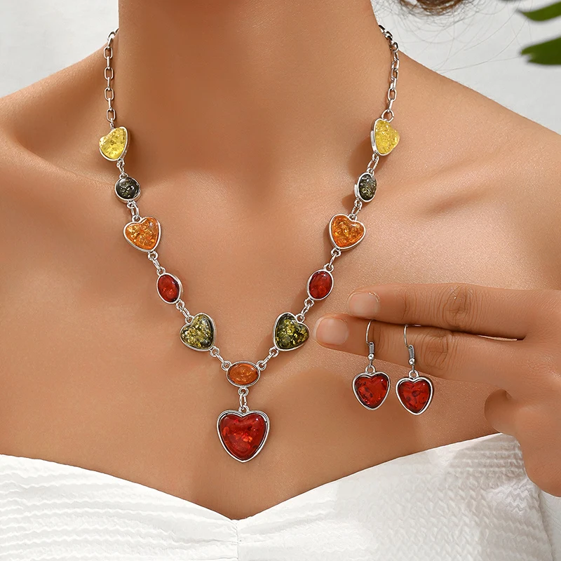 Fashion Vintage Colorful Stone Necklace Earrings Sets Ethnic Style Jewelry Set Retro Women\'s Accessories Gifts For Lady