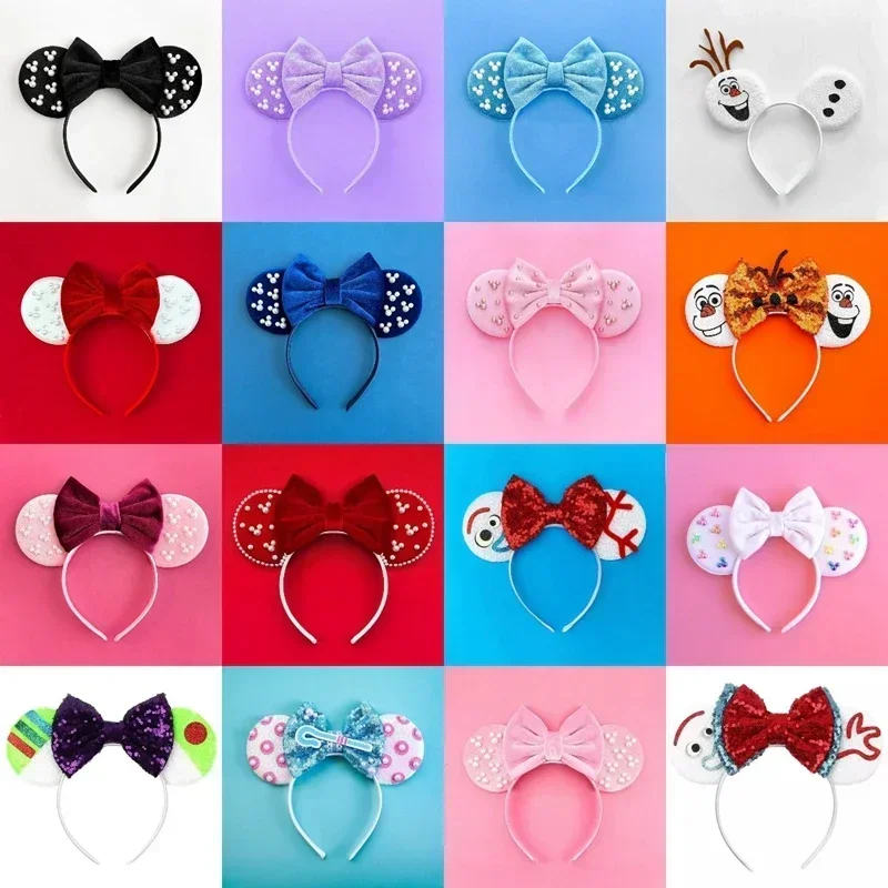 Disney Minnie Mouse Ears Headbands Girls Pearl Mickey Hair Accessories For Women Pixar Anime Headwear Kids Bow Sequins Hairbands