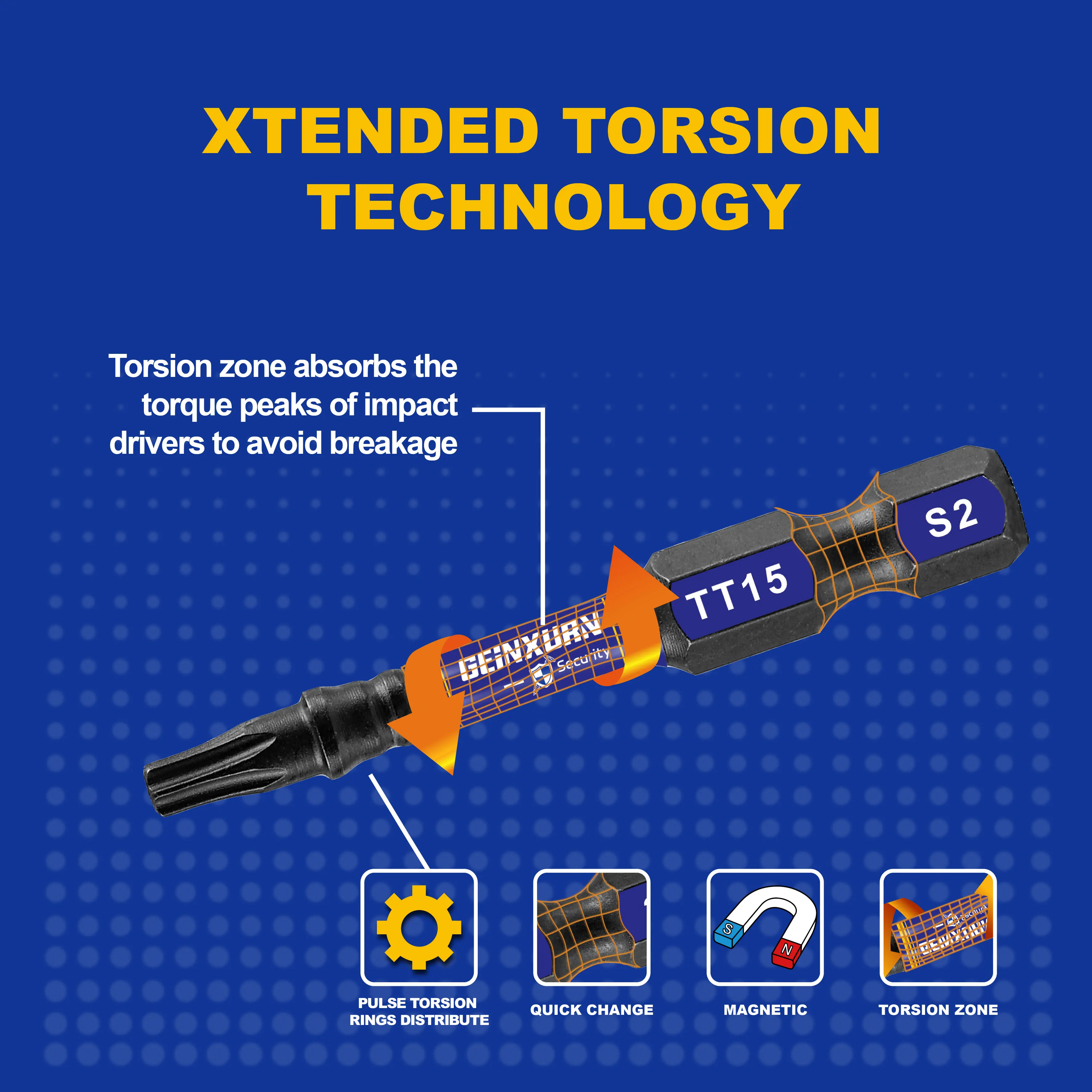 Geinxurn 2 In.Impact Tough Magnetic Power Bit Set,Security Torx Head Power Bits,S2 Alloy Steel Star TT15 Screwdriver Bits Set