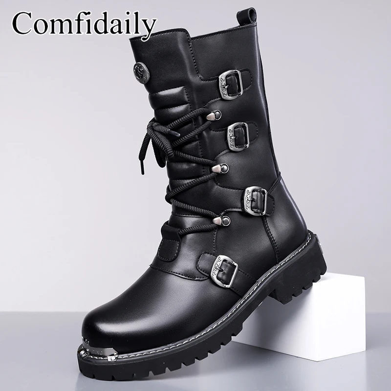 

Men Thick Soled Long Boots Winter New Retro Metal Punk Style Belt Buckle Height Increasing Fashion Trend Motorcycle Boots