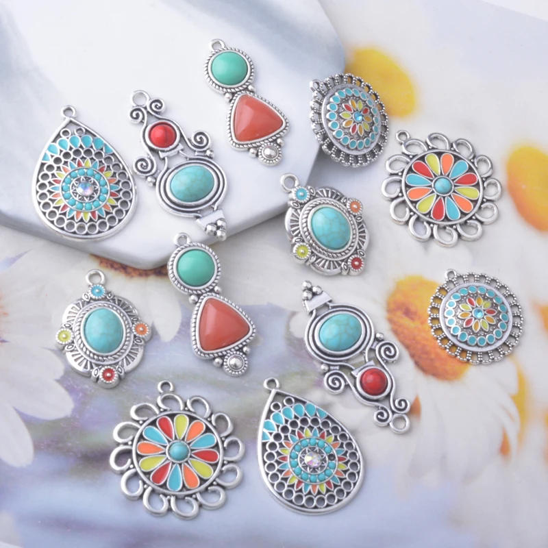 12 Stück/Los Legierung Antik Silberfarbene Feder Emaille Blumen Acryl Charms Schmuckzubehör Ohrringe Anhänger – Detail 3