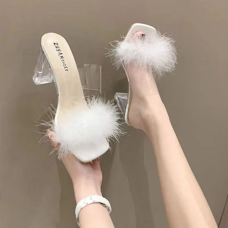 Mules Sandal Women Summer Outdoor Fashion Slippers Square Toe High Heels Office Ladies Feather Slides Chic Classics Furry Shoes