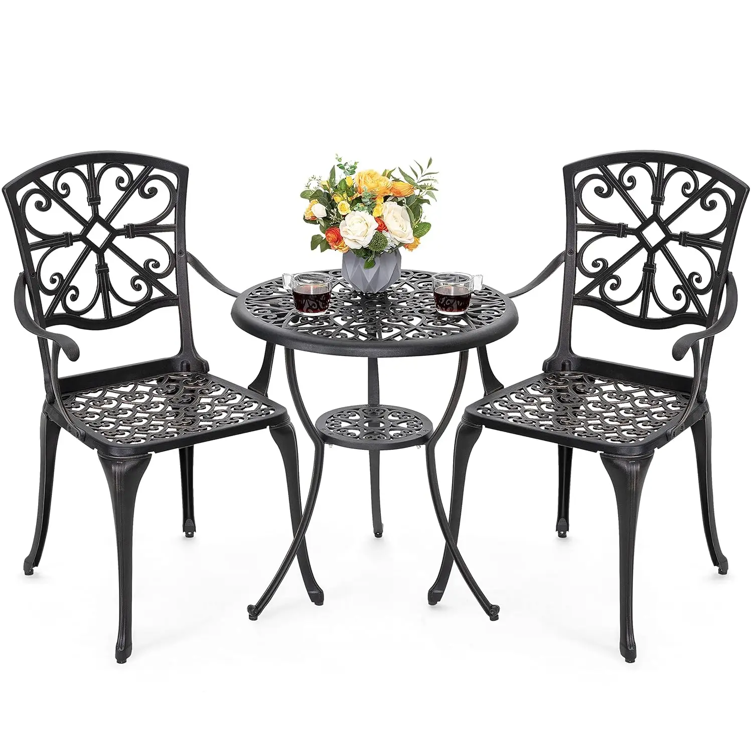 o*-3 Piece Outdoor Bistro Set Cast Aluminum Patio Set Bistro Table Set Rustproof Patio Table and Chairs with Umbrella,