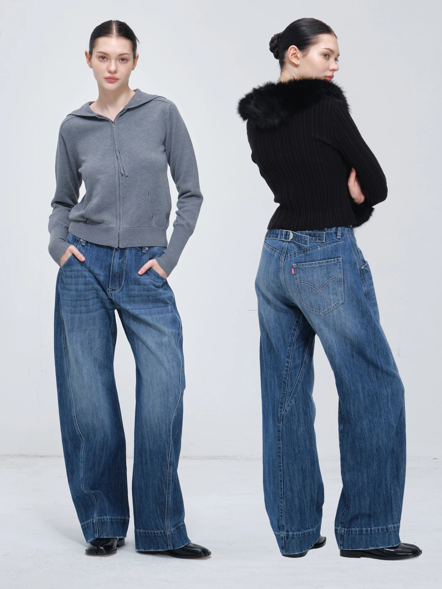 

Vintage Washed Wide-Leg Jeans for Women, High-Waisted, Loose-Fitting, Slimming, Lazy Style, Drapey Dad Pants, High Street Fashion Brand Long Pants, Vintage Paris Button Long Pants