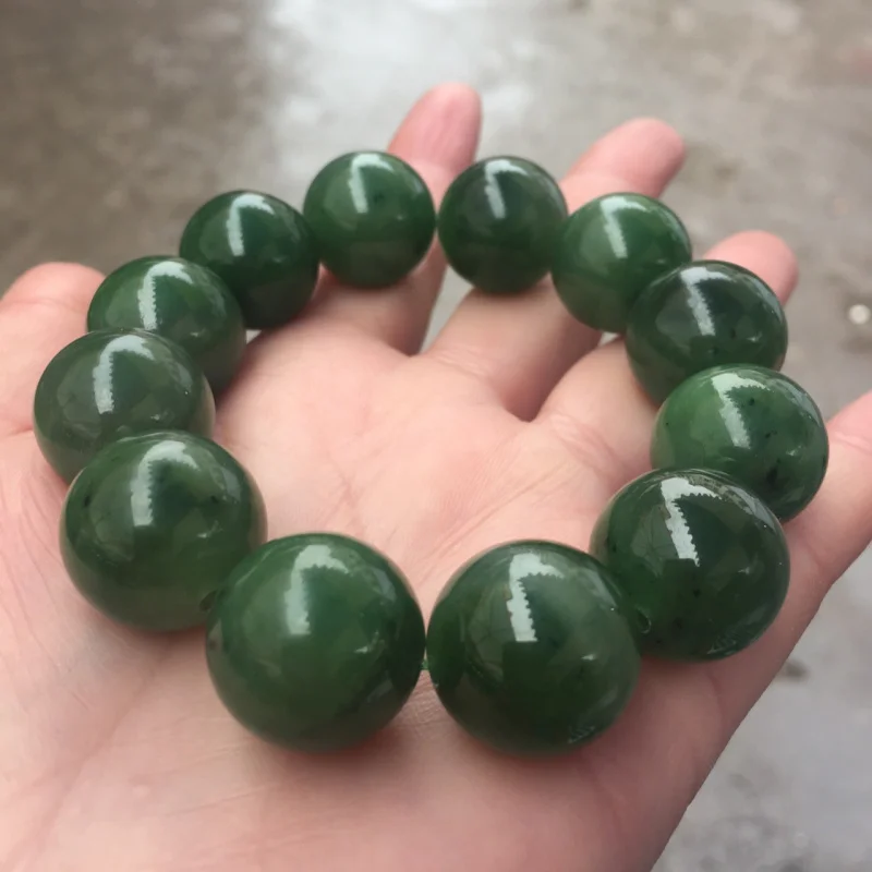 RealHetian Jade Spinach Green Big round Beads Men's a Goods Bracelet with Black18mm