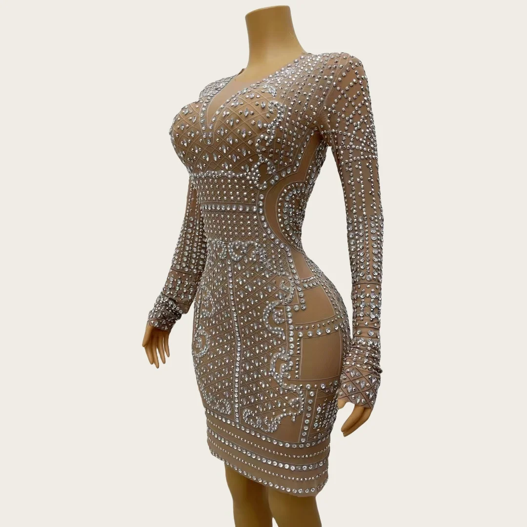 Magua Luxury Sparkly Rhinestone Tight Fitting Dress Long Sleeved Sexy Mesh Short Dress Event Prom Party High-end Women Couture