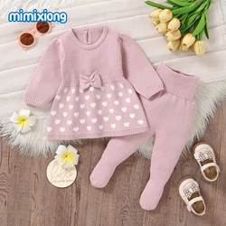 Autumn Baby Girls Clothes Fashion Bowknot Knit Sweaters Dress Tops+Leggings Newborn Infant 2pcs Outfits Sets 0-9m Children Suits