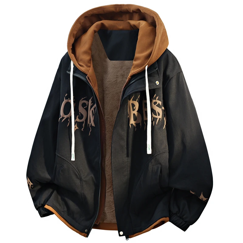 

M-8XL Fashion Large Size Fake Two Piece Hooded Jacket for Men's Autumn/Winter Warmth with Plush Baseball Coat Printed Coat