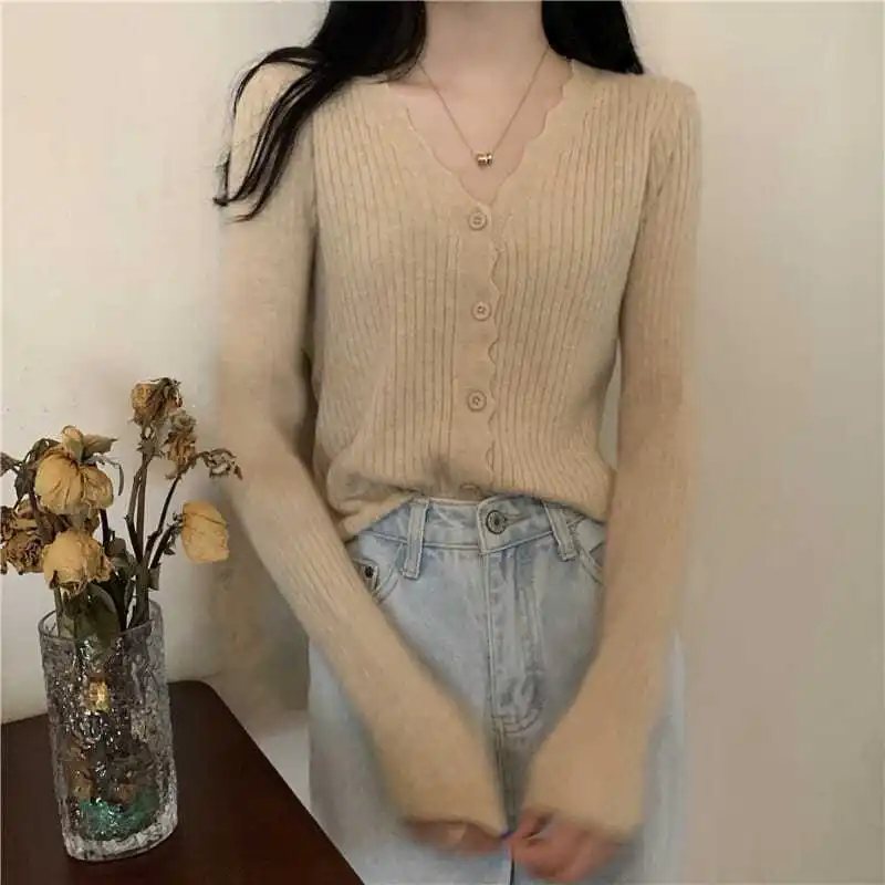 Sweater pendek Korea wanita 2024 atasan ramping Cardigan rajutan kerah v seksi baru musim gugur baju dasar wanita lengan panjang Single Breasted