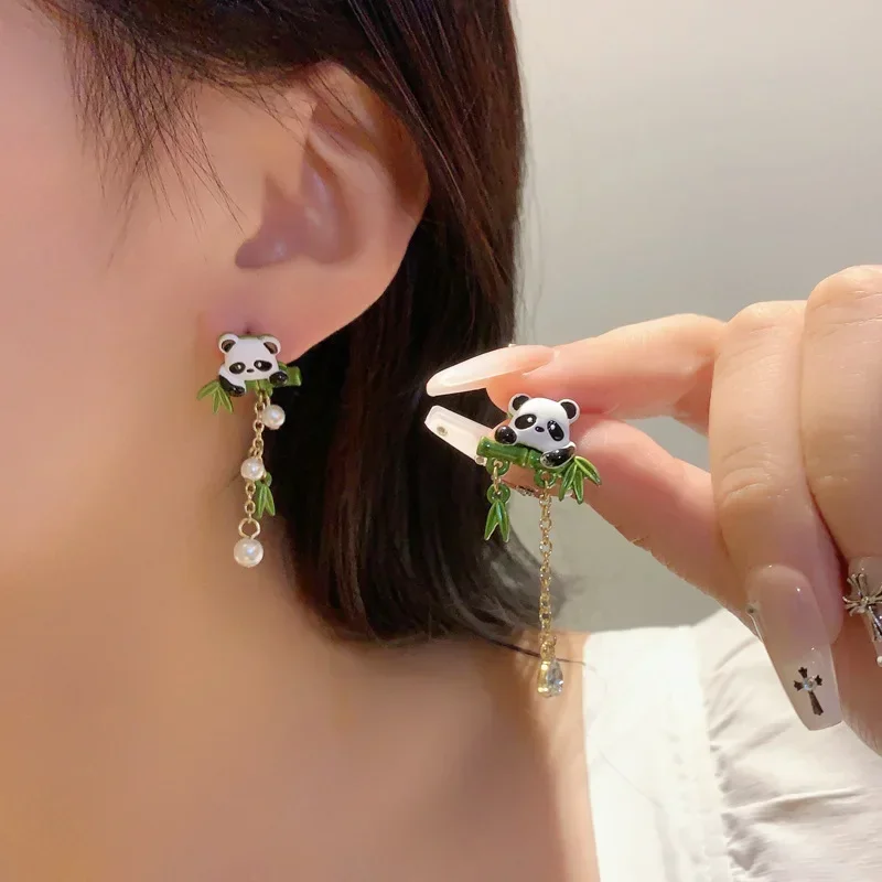 Personality Asymmetrical Cat Bear Long Tassel Earrings Chinese Style Cute Bamboo Panda Earrings for Women Girls Gifts