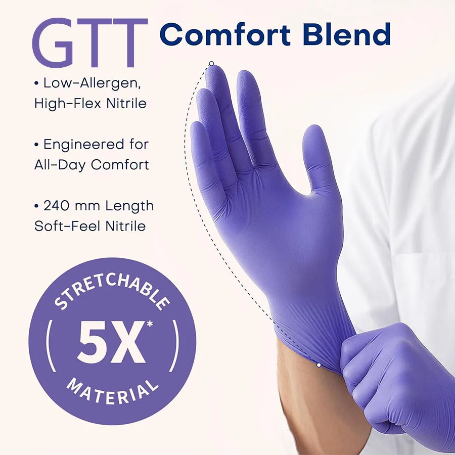 قفازات النتريل GTT قفازات طبية يمكن التخلص منها 5.5Mil-S/M/L/XL قفاز مطاطي خالي من البودرة خالي من اللاتكس أرجواني داكن للطعام نظيف