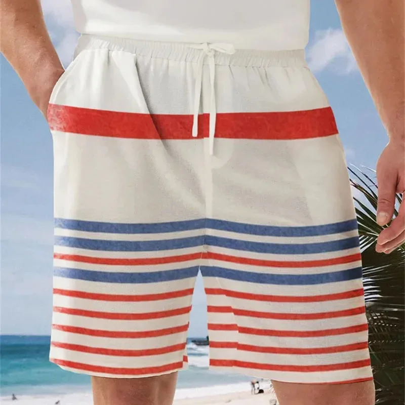 Foliage Coconut Tree Pattern Short Pants Men Color Blocked Stripes 3D Printed Beach Shorts Holiday Sport Loose Surf Swim Trunks