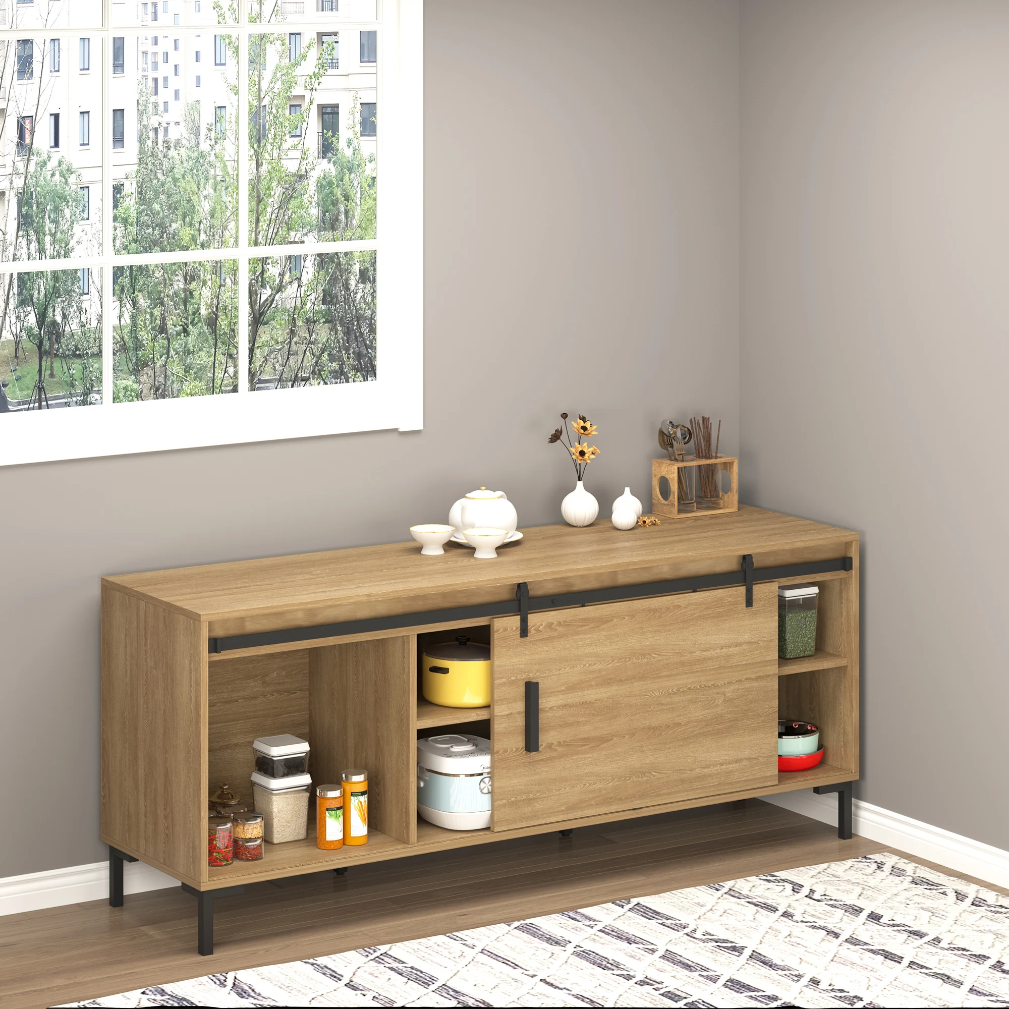 HOMCOM 183 cm schuifdeur complete set schuifdeurbeslag met vloergeleider, schuifdeurrail, enkelhouten roldeursysteem schuifdeur