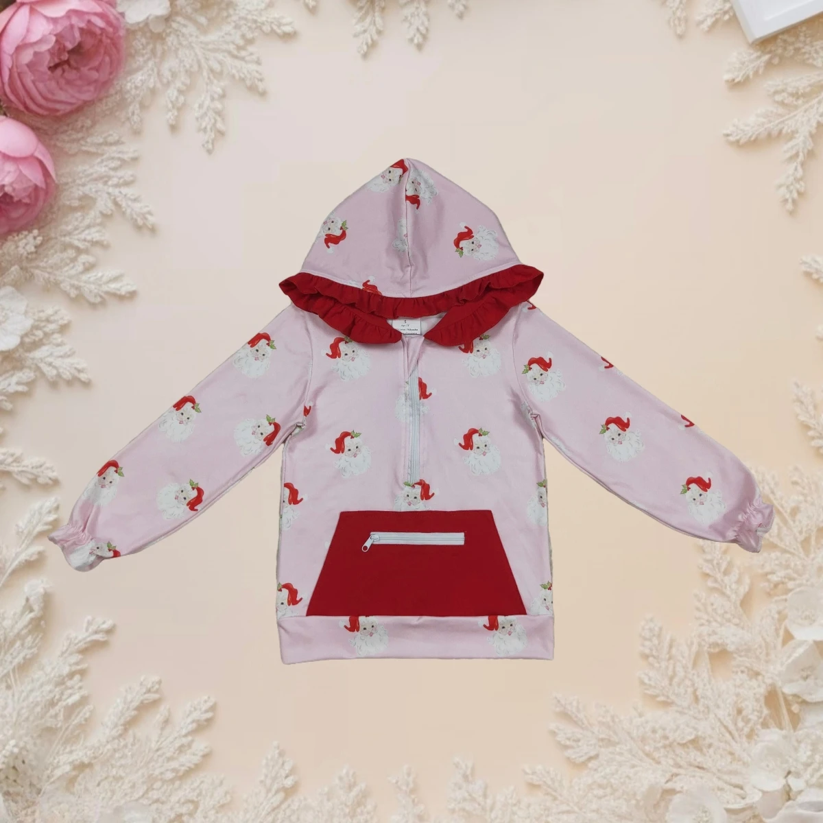 

Baby Girl Pink Christmas Hoodie Cute Cozy Long Sleeve Santa Pocket Zipper Ruffle Fashion Winter Gift Hot Sale Toddler Sportswear