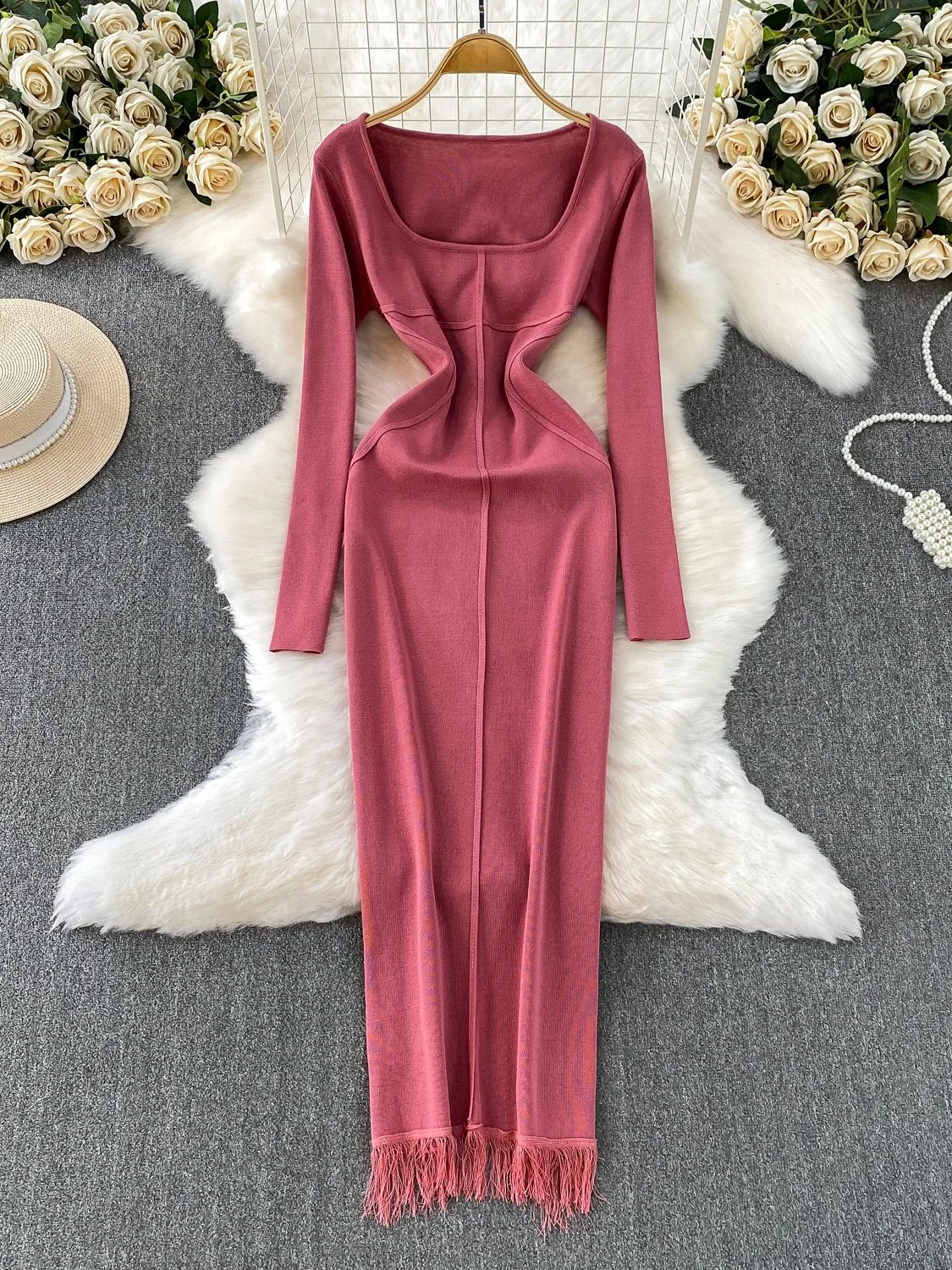 

Ele Knitted Long Sve Dr Женское платье трапециевидной формы с высокой талией Dr Pure Desire с квадратным воротником для похудения и кисточками, длинное платье