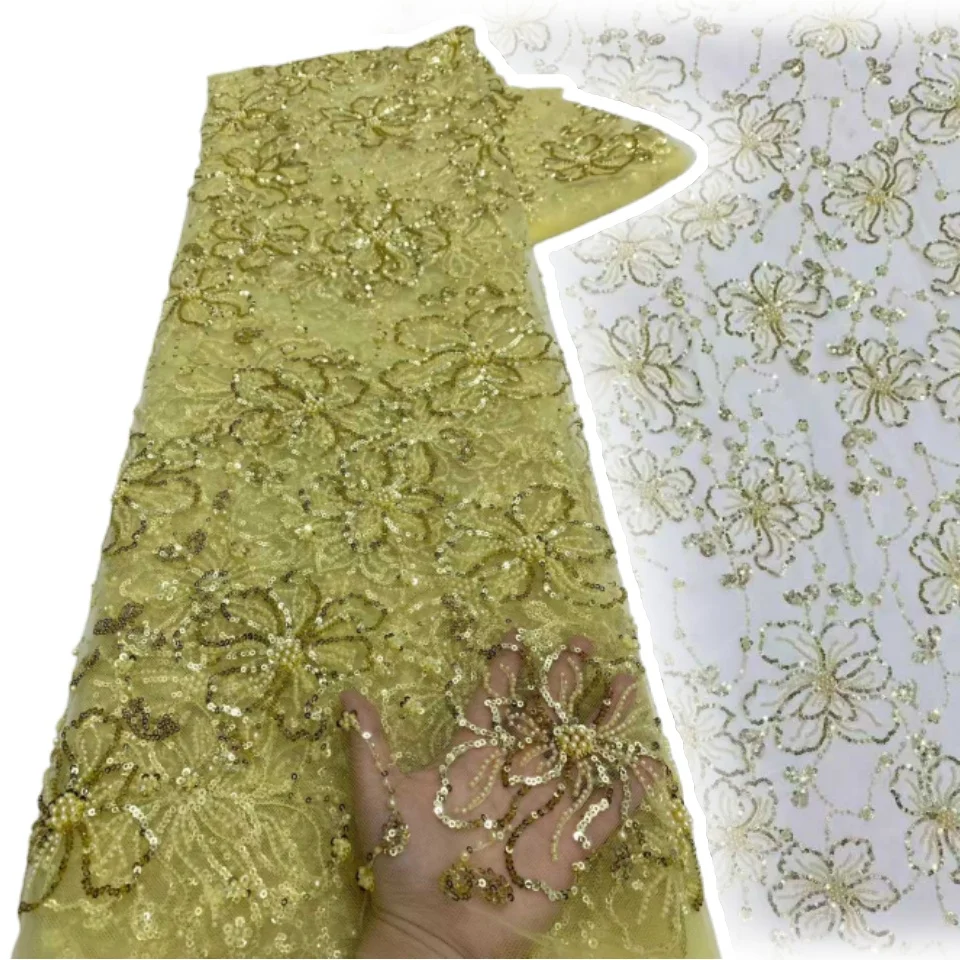 

Luxury African Fabric Lace 5 Yards With Embroidery High Quality Heavy Sequin French Beaded Lace Fabric For Dress Sewing 1928