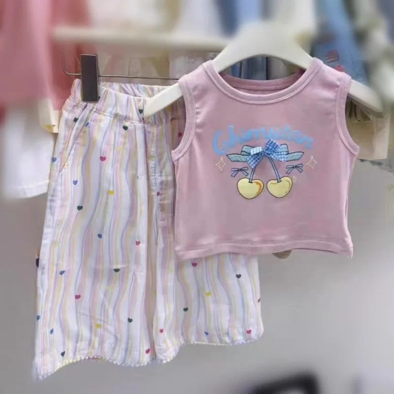

Children's Clothing Wholesale Girls' Summer Outfits26New stylish children's pink vest with bow and striped colorful pants