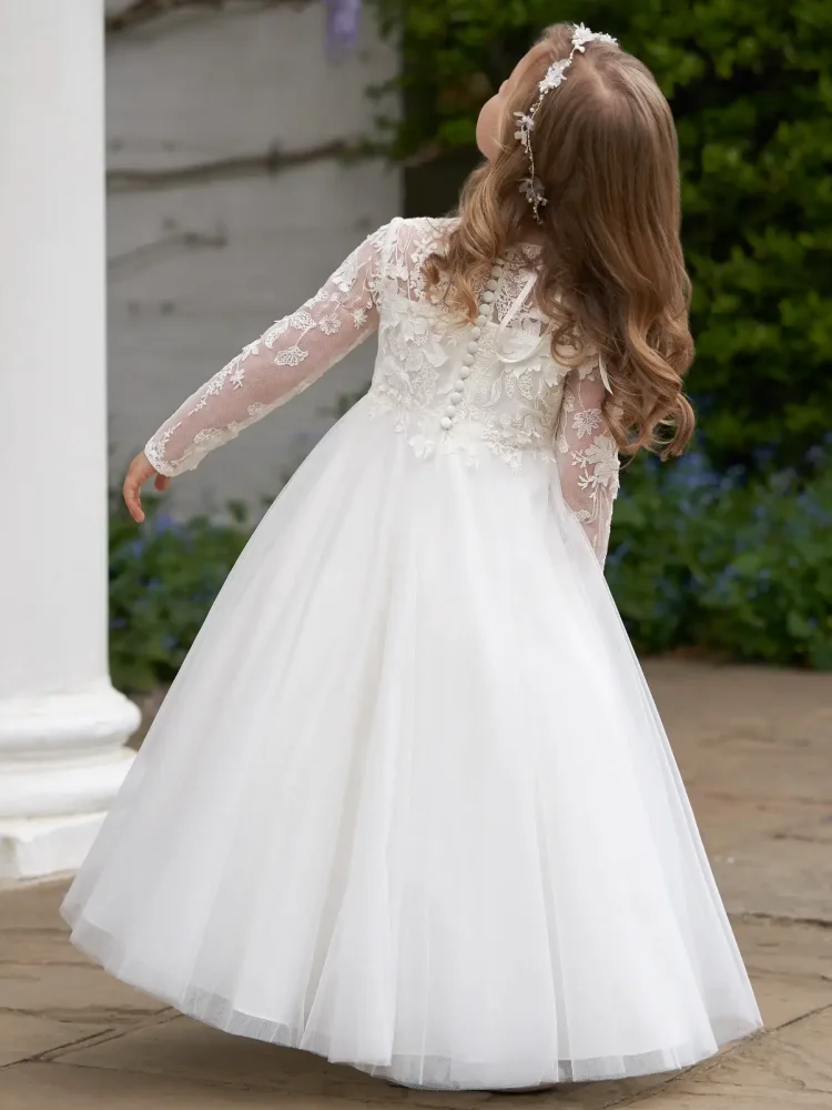 Vestidos de niña de flores de tul blanco con patrón floral de manga larga para boda, fiesta de cumpleaños, banquete, vestidos de princesa