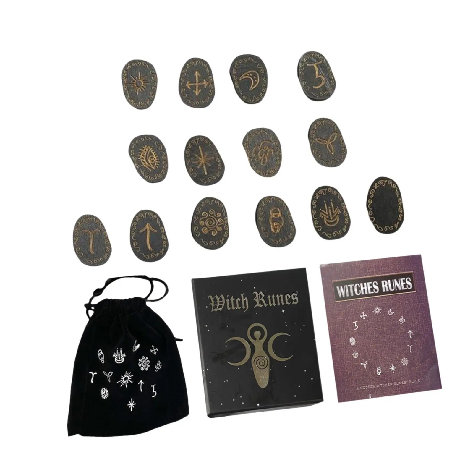 Ensemble de pierres runiques de sorcière avec sac de rangement, symboles runiques, cadeau, décoration d'intérieur, cadeau de fête, livre de guide pour débutants en sorcellerie et païnisme
