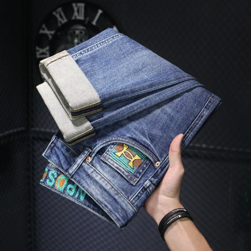 High-End Printed Design Blue Jeans Men's Slim-Fitting Small Straight Fashionable All-Match Embroidered Stretch Men's Trousers