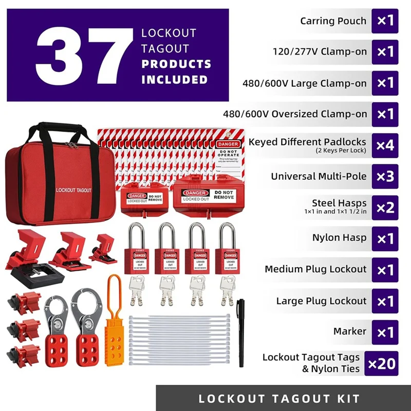 Lockout Tagout Kit, Electrical Lockout Tagout Kit, 4 Keyed Different Lotosafety Padlocks, Hasps, Plug Lockout, Clamp