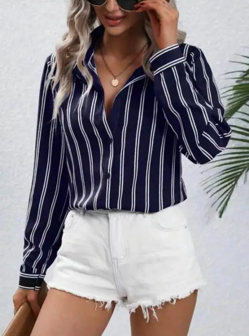 Primavera/verão moda feminina listrado camisa solta manga longa estilo de deslocamento nova chegada para senhoras