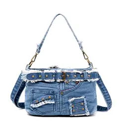 Fashion Denim Canvas Shoulder Bags With Pockets 2024 Trendy Personalized Rivet Crossbody Bags for Women Casual Ladies Handbags