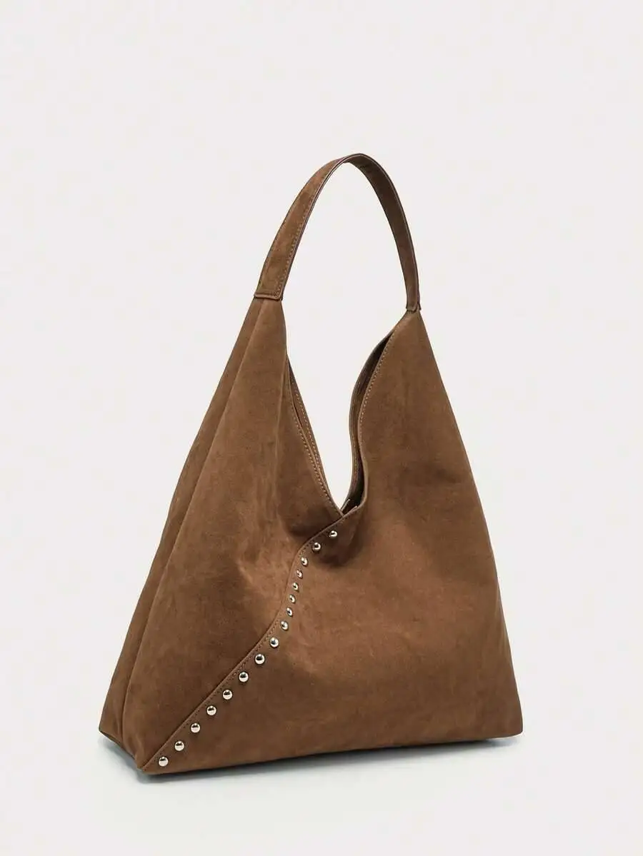 

1Pc Women's Shoulder Tote Bag & Handbag, Light Brown Suede-Like Material, Rivet Embellished, Vintage Versatile Commuter Style,
