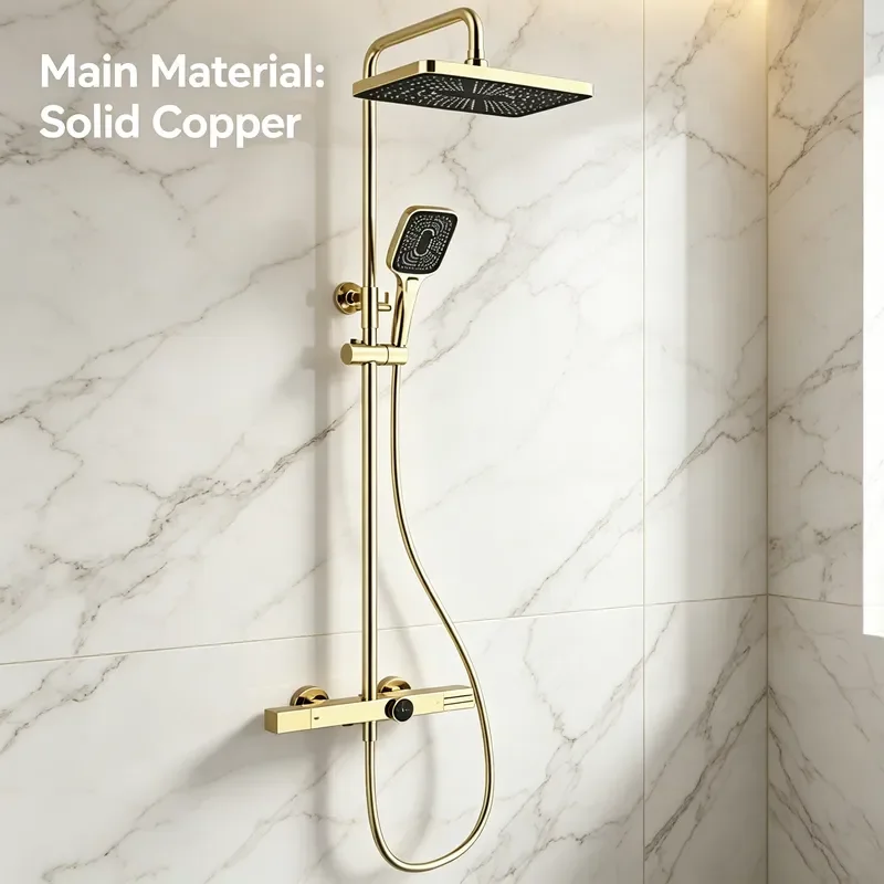 Rose Gold Thermostatic Rainfall Shower System Dual Handle Brass Chrome Bathroom Faucet with Soft Jet Spray and Slide Bar