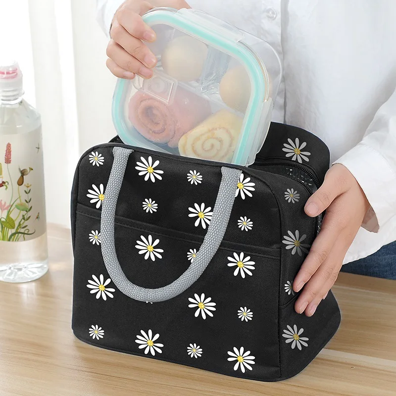 Japanese Style Small Daisy Lunch Bag Portable Thermal  Students Bento Bag Aluminum Foil Cooler Bag with Zipper for Office Worker