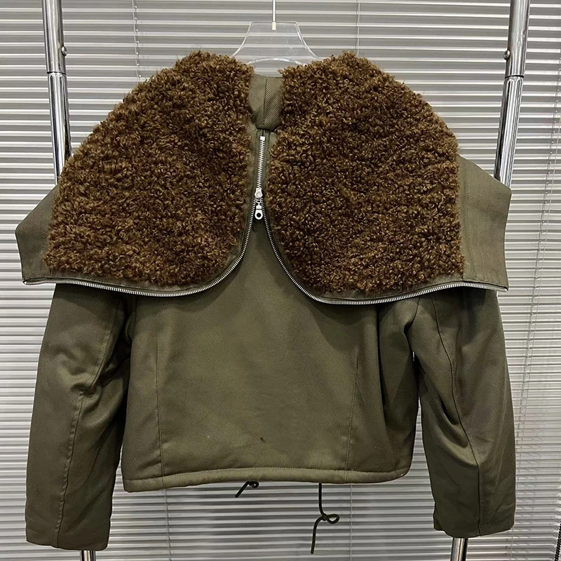 KBQ 2025 Inverno New American Street Cappotti retrò per le donne Colletto blu scuro Cerniera Giacca corta con cappuccio Moda invernale femminile Stye Nuovo