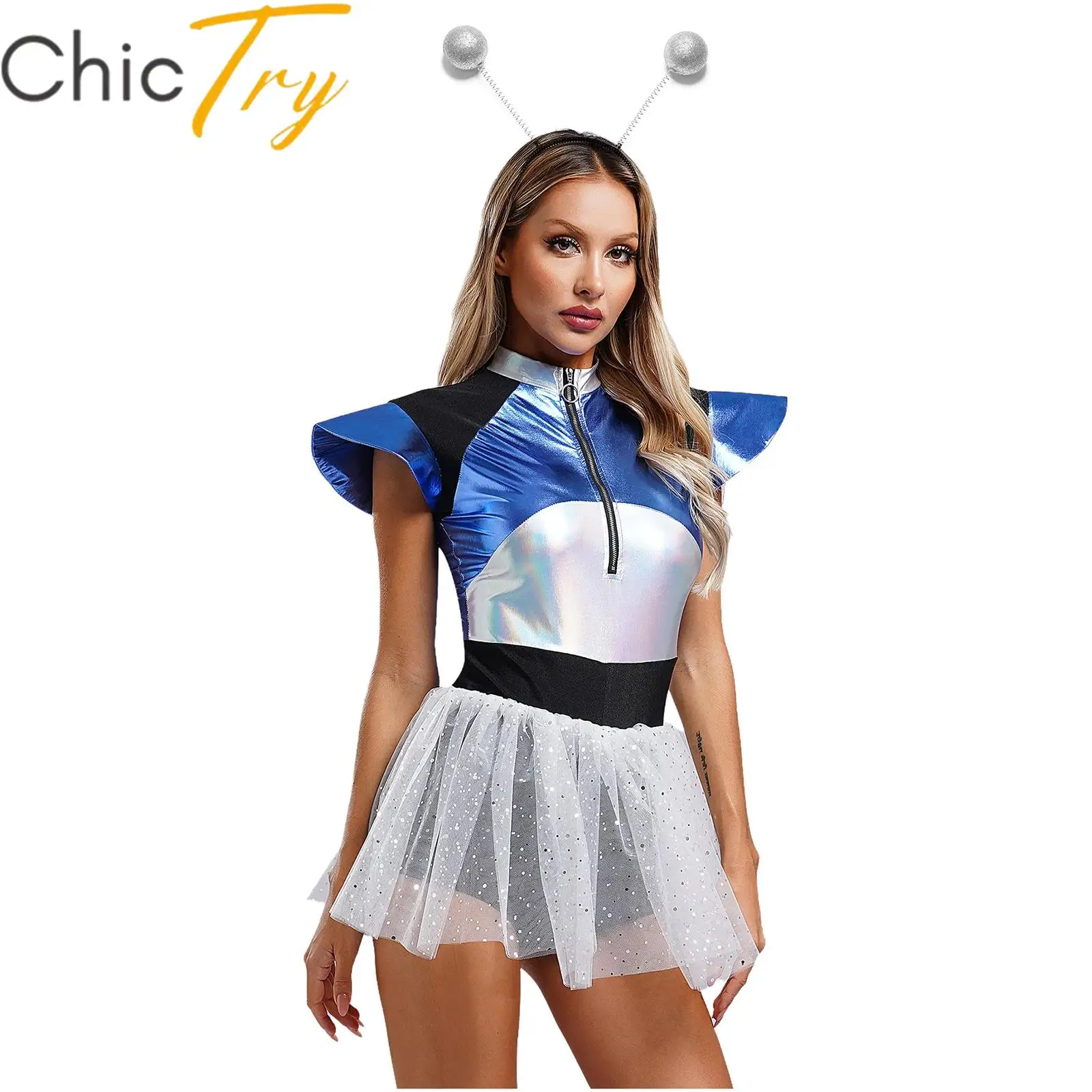 

Women's Space Cadet Costume Galaxy Astronuat Outfits Halloween Outer Space Cosplay Leotard Dress Carnival Roleplay Party Outfit