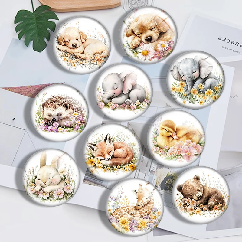 Sleeping animal flowers 10pcs 12mm14mm/16mm/18mm/20mm/25mm Round Photo Glass Cabochon Demo Flat Back Making Findings Jewelry