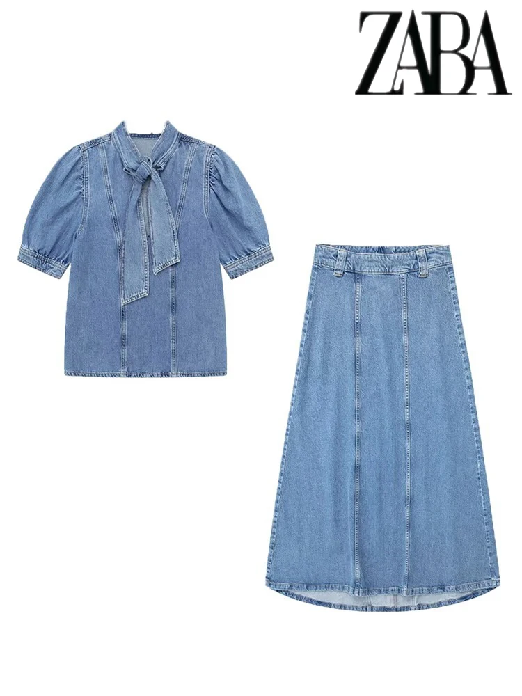 TRAF Women's Bow Embellished Denim Skirt Set Bubble Sleeve V-Neck Shirt Pure Color High Waist Half-body Skirt Two Piece Set