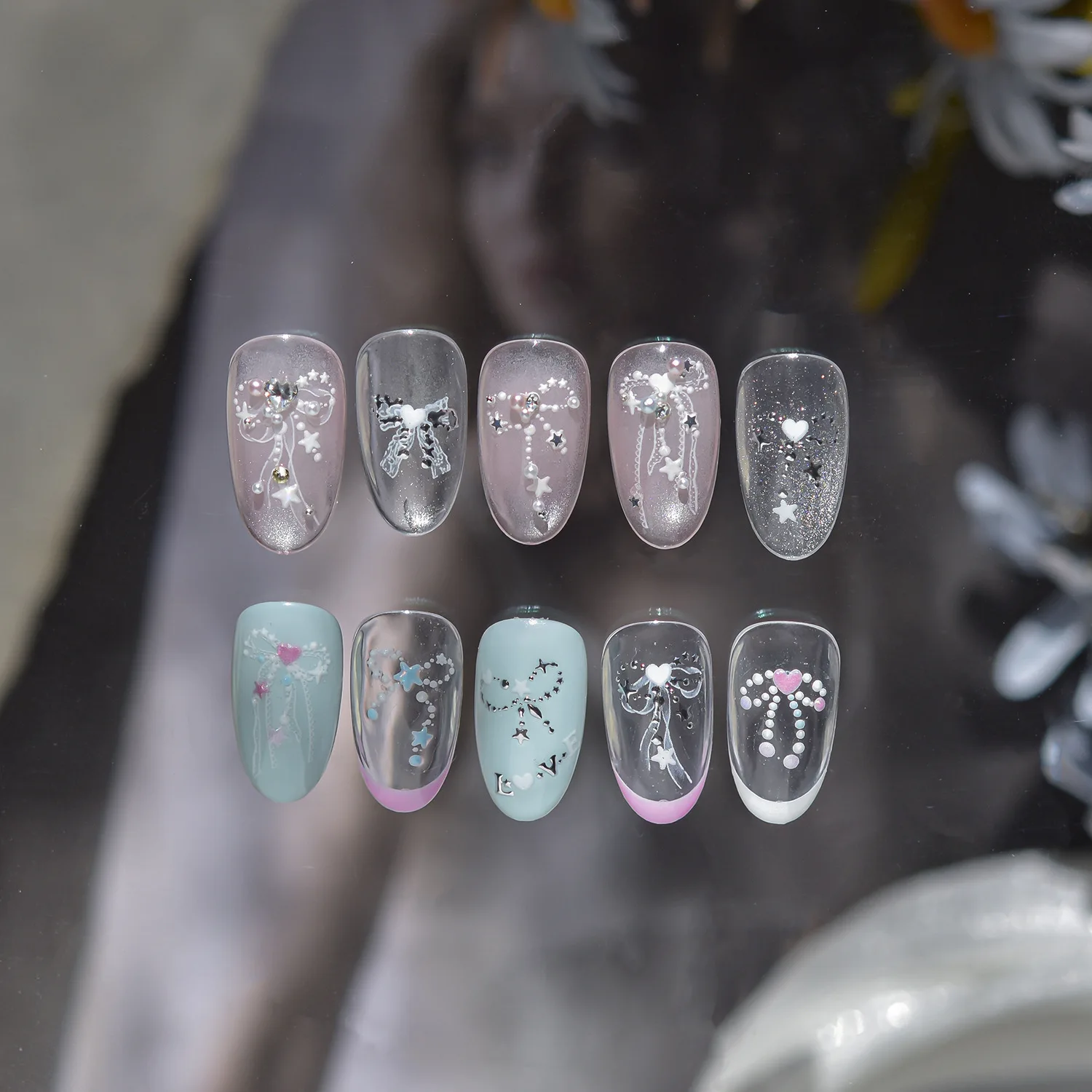 夢のような星の光で飾られた蝶結びのラブハートネイルステッカー高品質文学と芸術デザインアートデコレーション T-5317