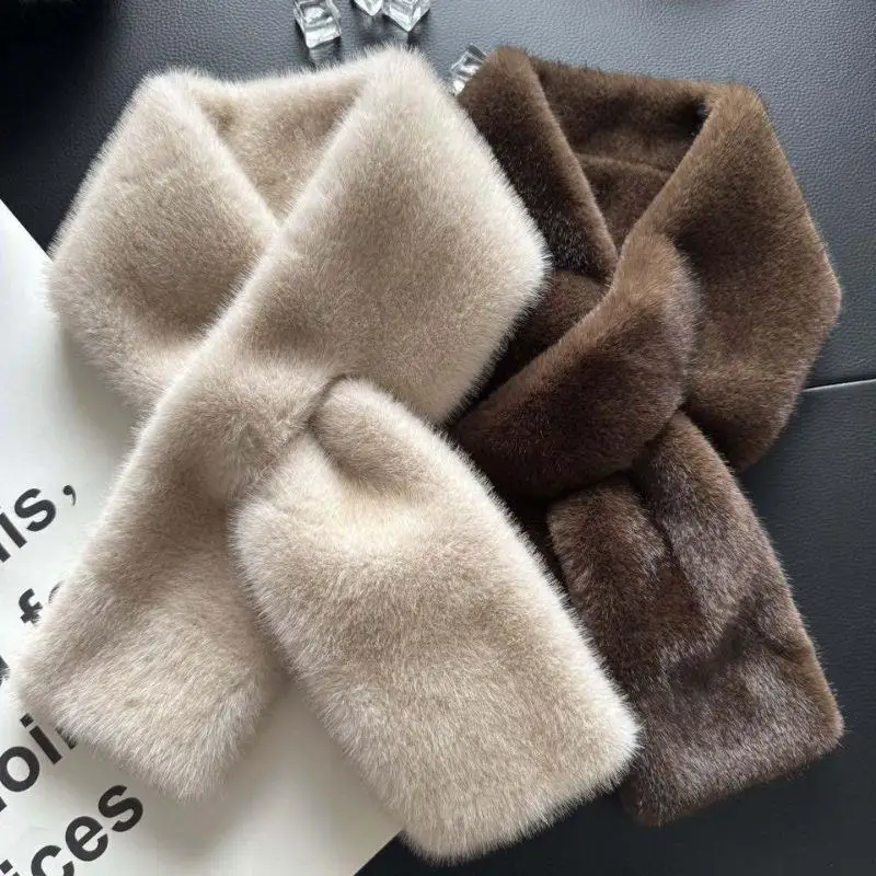

Korean Women Winter Warm Thicken Cross Collar Scarf Imitation Faux Rabbit Fur Scarf Solid Furry Neck Warmer Cold Proof Scarves