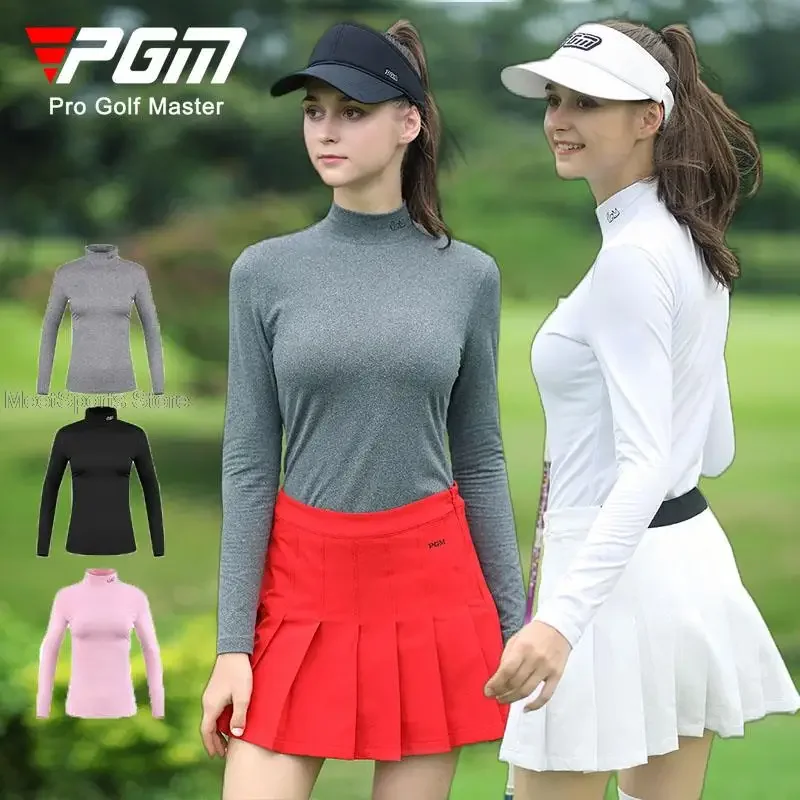 Pgm Golf Apparel Women Bottoming Shirt Autumn/Winter Warm Tops Ladies Stand Collar Long Sleeve T Shirt Velvet Lining Pullover