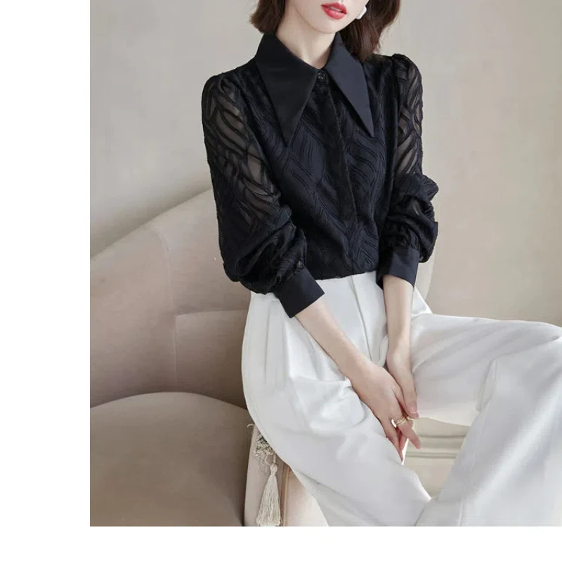 Spring Autumn Lace Patchwork Hook Flower Hollow Button Lantern Long Sleeve Women's Clothing Casual Solid Turn-down Collar Tops