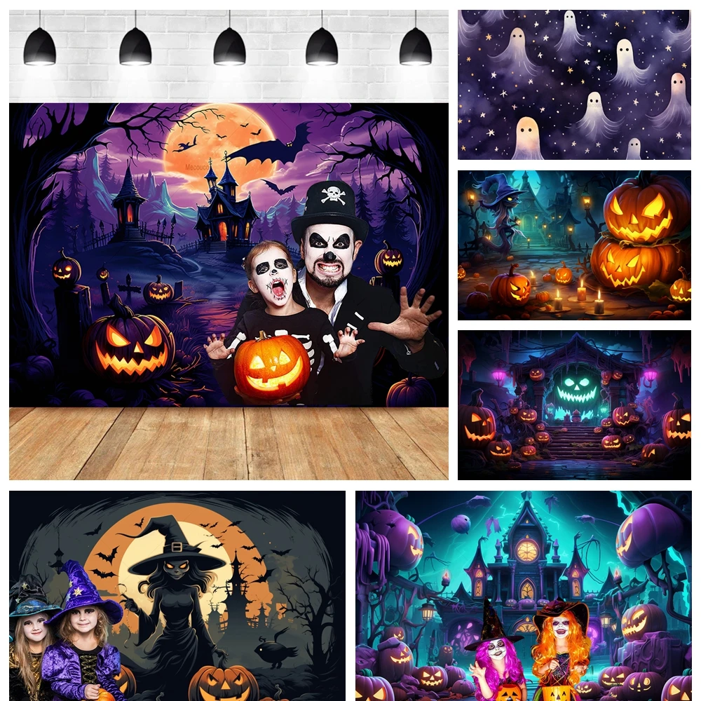 

Happy Halloween Banner Backdrop Custom Cartoon Moon Pumpkin Lantern Castle Cemetery Kid Family Party Photography Decor Backdrops